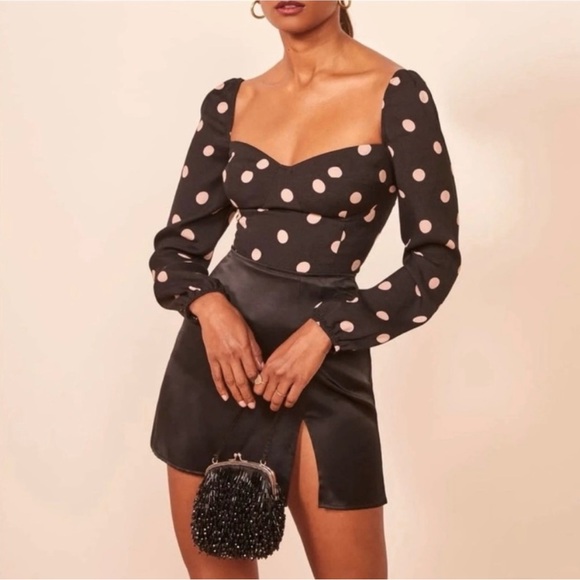 Reformation Black and Baby Pink Polka Dot Long Sleeve Blouse - Picture 5 of 8